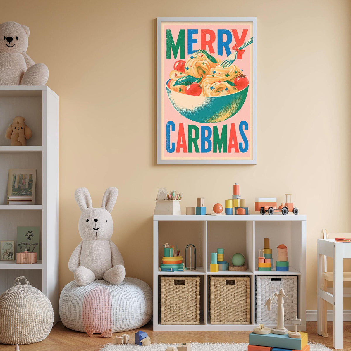A child's bedroom with a white bookshelf, a stuffed rabbit, and a colorful poster on the wall that says "MERRY CARBMAS".