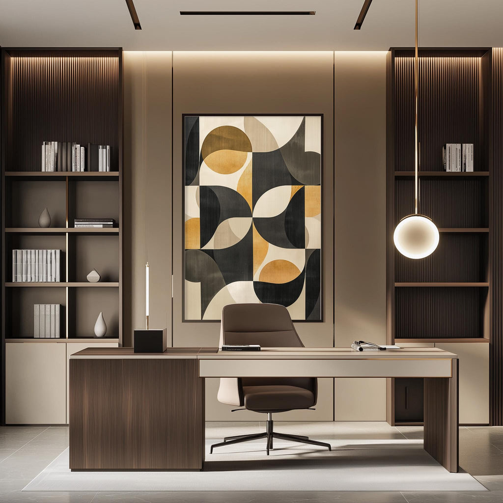 a modern and stylish office space with a large abstract painting on the wall, a wooden desk with a chair, and built-in bookshelves.