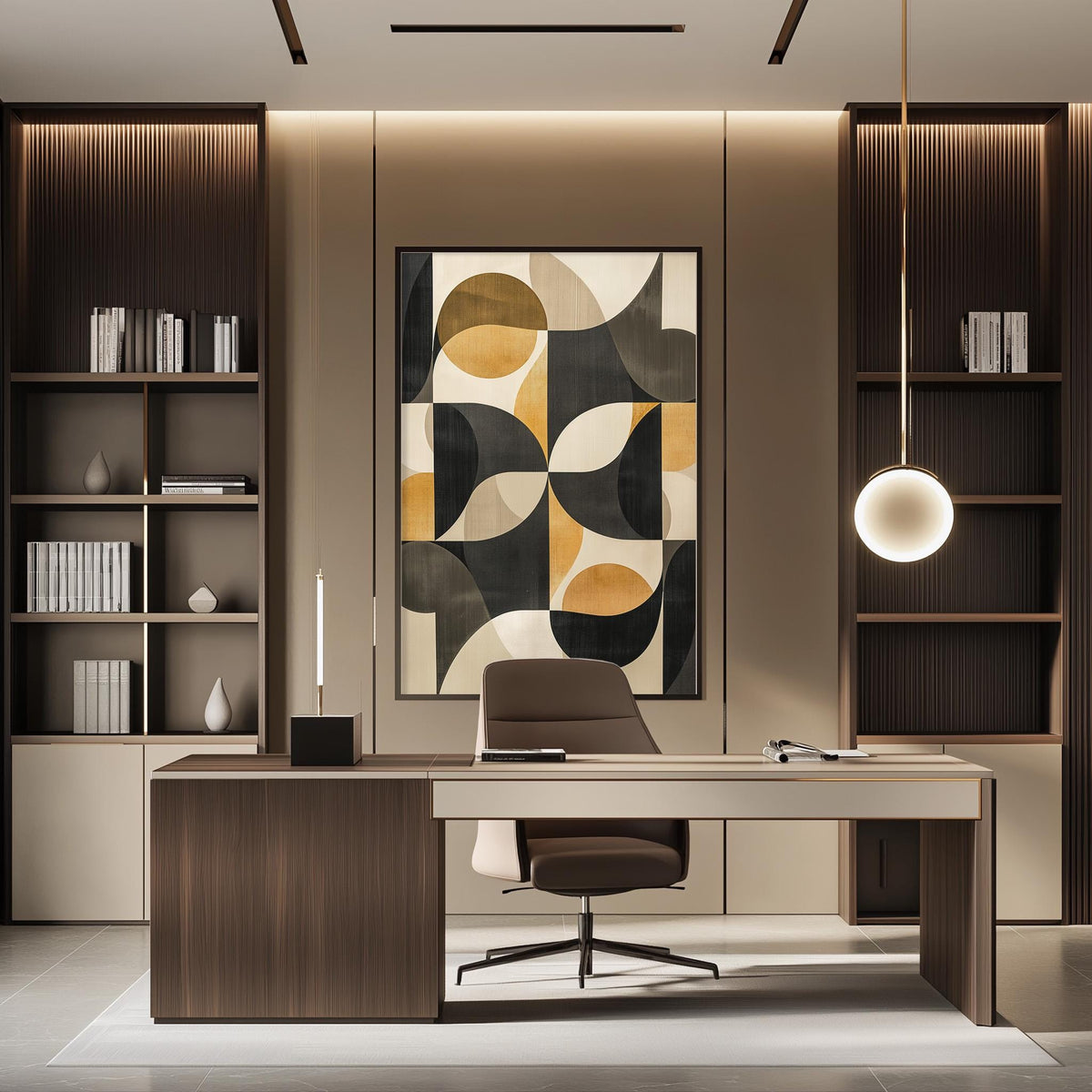 a modern and stylish office space with a large abstract painting on the wall, a wooden desk with a chair, and built-in bookshelves.