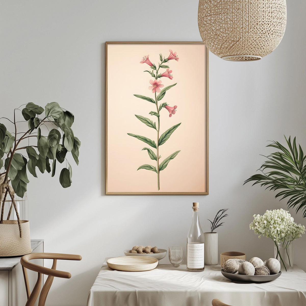 a dining table with a white tablecloth, a bowl of fruit, a bottle, and a vase with flowers. A framed botanical illustration of a plant is hanging on the wall above the table.