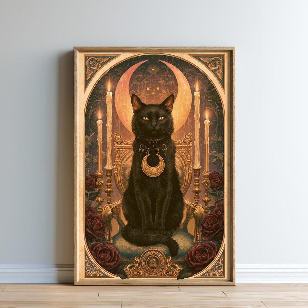 The image is a framed artwork depicting a black cat sitting on a throne, surrounded by roses and candles.