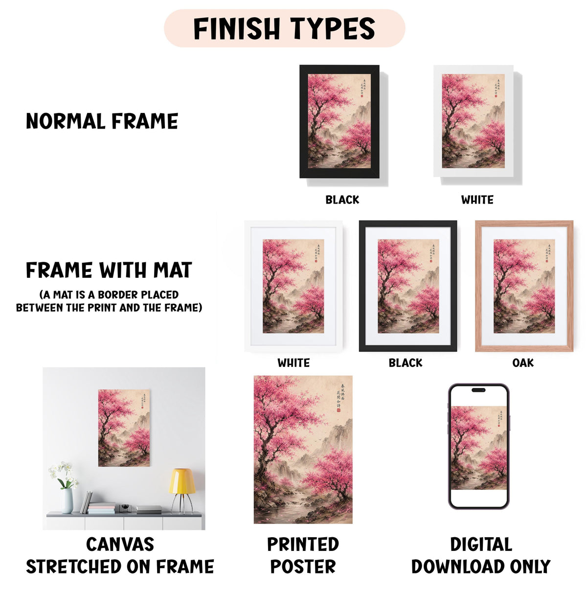 various types of artwork, including a framed print of a pink tree, a framed print of a pink tree, and a framed print of a pink tree. The artwork is displayed in different frame colors, such as black, white, and oak. The image also includes a canvas stretched on a frame, a printed poster, and a digital download option.