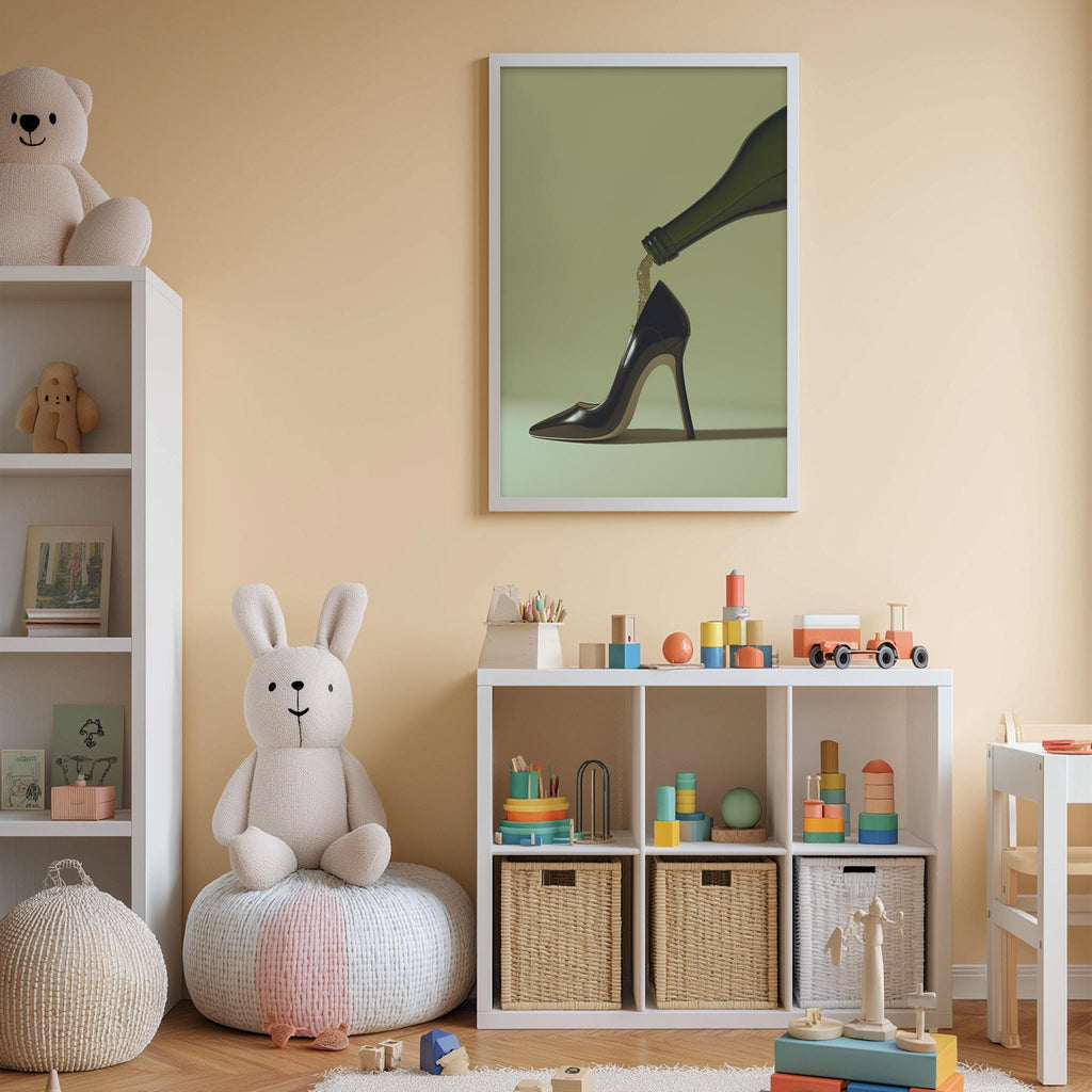 A cozy children's room with a white bookshelf, a stuffed rabbit, and a toy train. The walls are painted a light peach color, and there is a framed picture of a high-heeled shoe hanging on the wall.
