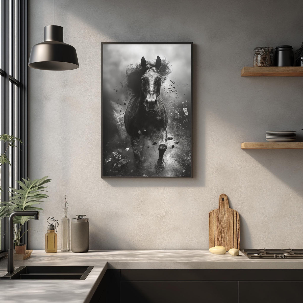 a black and white photograph of a horse running, mounted on a wall above a kitchen counter.