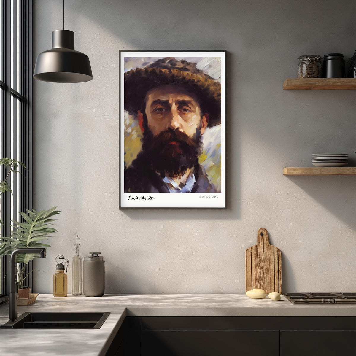 a framed painting of a man with a beard hanging on a wall above a kitchen counter.