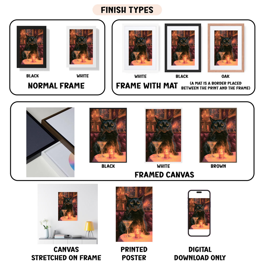 various types of artwork, including framed pictures, canvas prints, and digital versions, all featuring a cat in different settings.