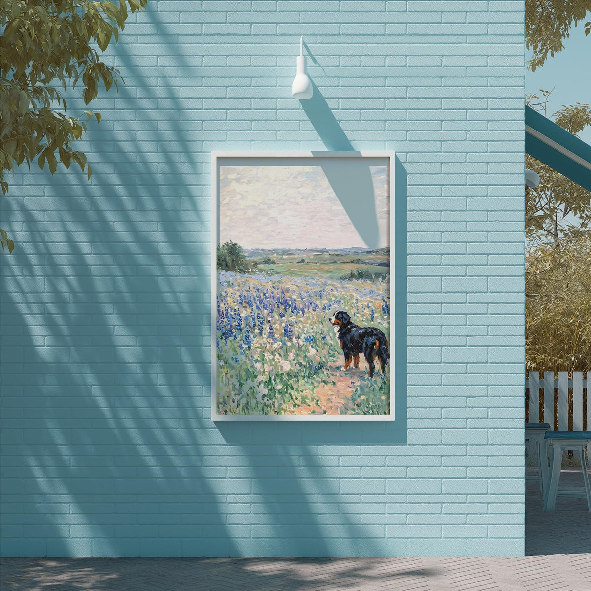 a painting of a dog standing in a field of flowers, with a blue brick wall and a white light fixture above it.