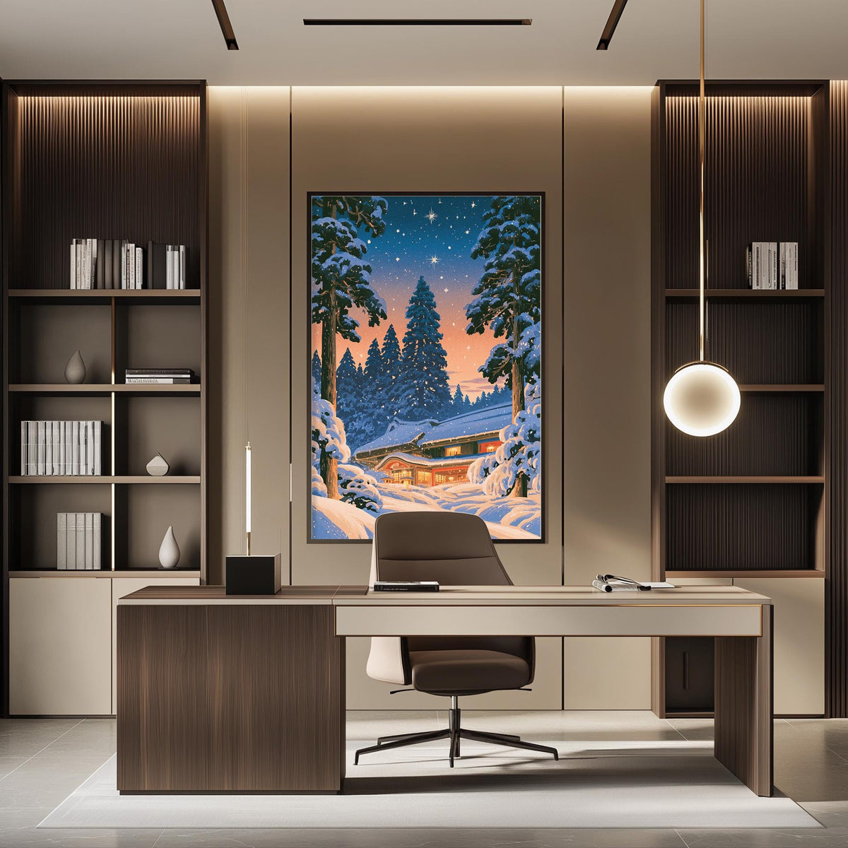 a modern office space with a large painting of a snowy landscape hanging on the wall, featuring a cabin in the distance. The painting is surrounded by bookshelves and a desk with a chair in the foreground.