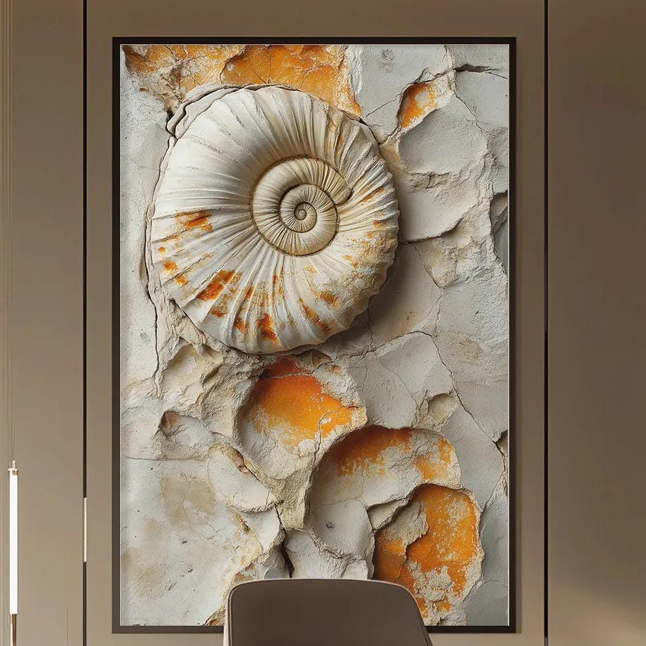 a modern and minimalist office space with a large framed artwork featuring a spiral shell on the wall. The office features a wooden desk, a comfortable-looking chair, and a bookshelf filled with books. The overall design and decor create a clean and professional atmosphere.