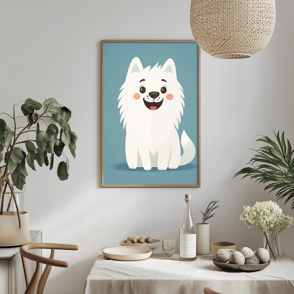a cozy dining area with a table set for two, a potted plant, a hanging light fixture, and a framed illustration of a smiling white dog.