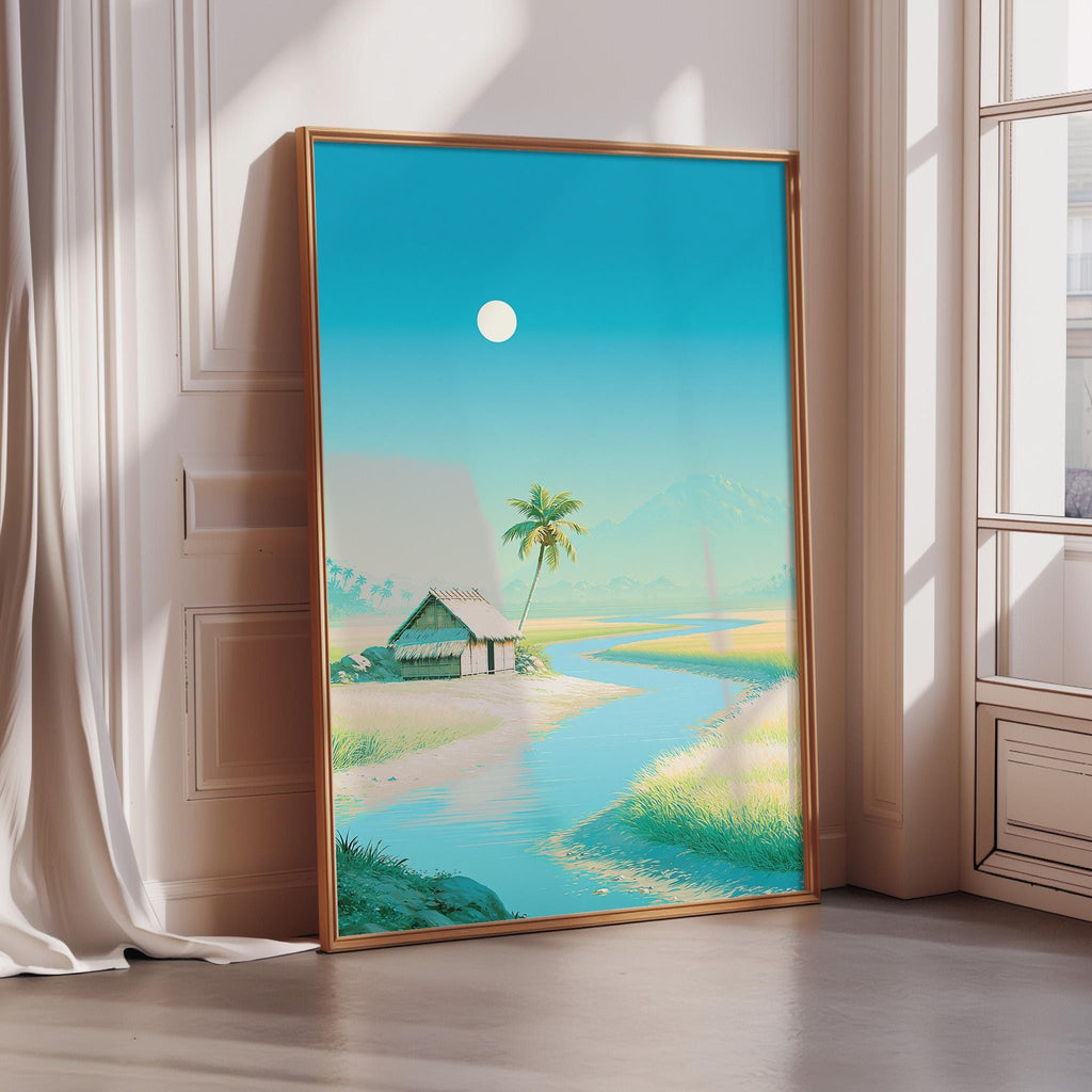 A framed painting depicting a serene tropical landscape with a small hut, palm trees, and a river flowing through the scene.