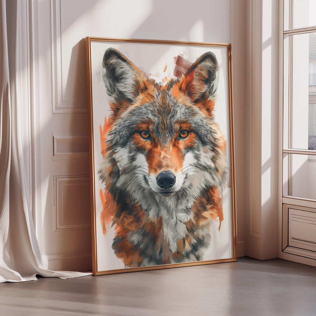 a large, framed painting of a wolf's face, with its distinctive features such as the pointed ears, eyes, and nose prominently displayed.