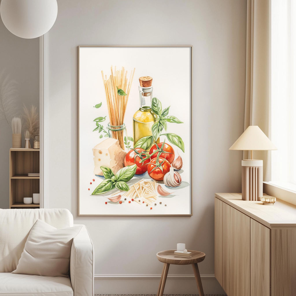 a cozy living room with a white sofa, a wooden side table, and a framed painting of Italian food on the wall.