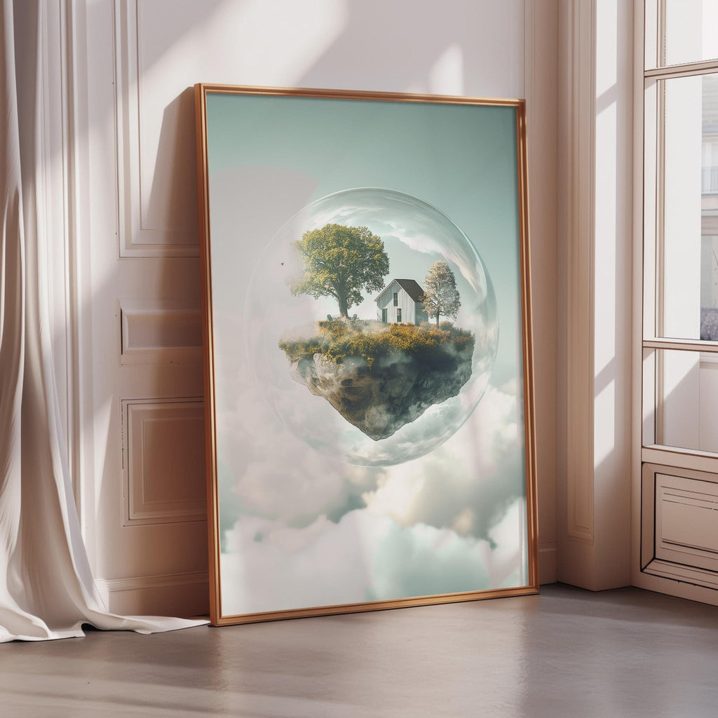 a large, framed artwork depicting a floating island with a house and trees, surrounded by clouds.