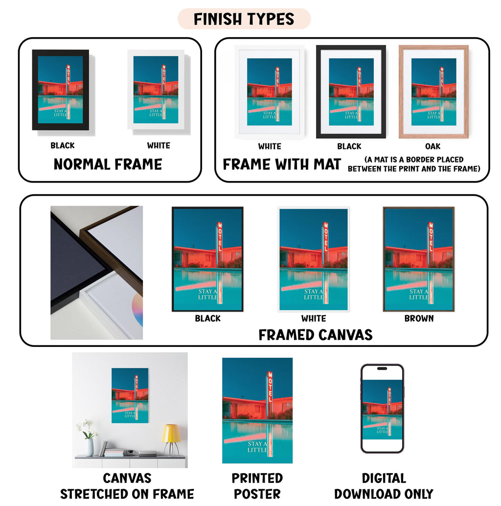 various framed artworks, including a black and white photo of a building, a white framed canvas, a framed canvas, a stretched canvas, a white poster, and a digital download. The artworks are labeled with different finish types, such as "NORMAL FRAME" and "FRAME WITH MAT", and the artists' names are also mentioned. The image is described as a collage of multiple images, and it is noted that the text should not be described in detail, as it may be considered redundancy or vague wording.