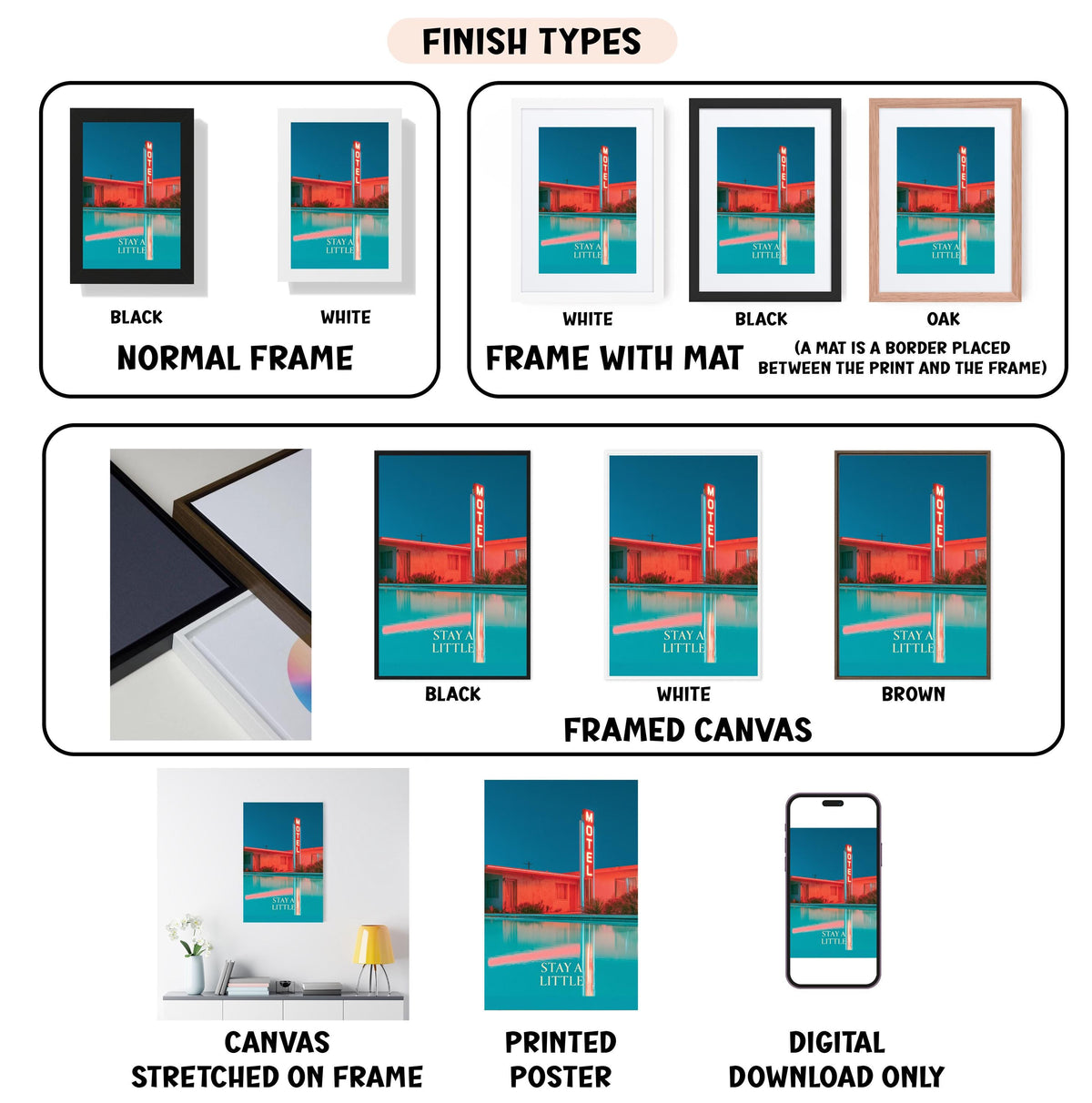 various framed artworks, including a black and white photo of a building, a white framed canvas, a framed canvas, a stretched canvas, a white poster, and a digital download. The artworks are labeled with different finish types, such as "NORMAL FRAME" and "FRAME WITH MAT", and the artists' names are also mentioned. The image is described as a collage of multiple images, and it is noted that the text should not be described in detail, as it may be considered redundancy or vague wording.
