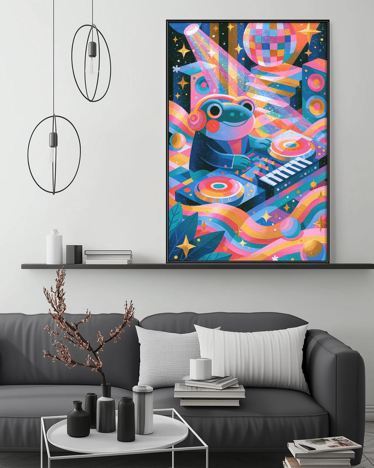 a vibrant, colorful painting of a frog playing a keyboard, set against a starry night sky background. The painting is hung on a wall above a gray couch, which is adorned with various decorative items such as a potted plant, vases, and books. The overall scene creates a lively and whimsical atmosphere in the living room.