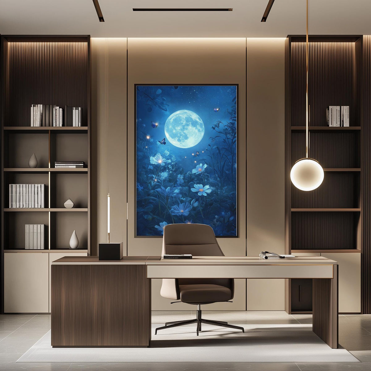 a modern and well-lit office space with a large framed poster of a moonlit night scene on the wall, featuring a full moon, flowers, and butterflies. The office has a wooden desk, a comfortable-looking chair, and a pendant light hanging above the desk, creating a cozy and inviting atmosphere.
