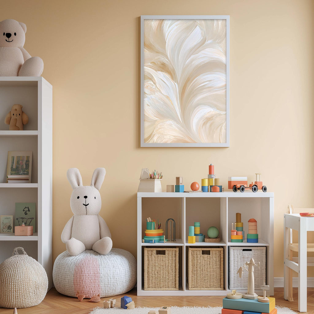 A cozy and well-organized children's playroom with a variety of toys and storage solutions. The room has a warm, inviting atmosphere with a large white bookshelf, a plush white rabbit, and a colorful toy box. The walls are painted in a light peach color, and a framed abstract painting hangs above the bookshelf.
