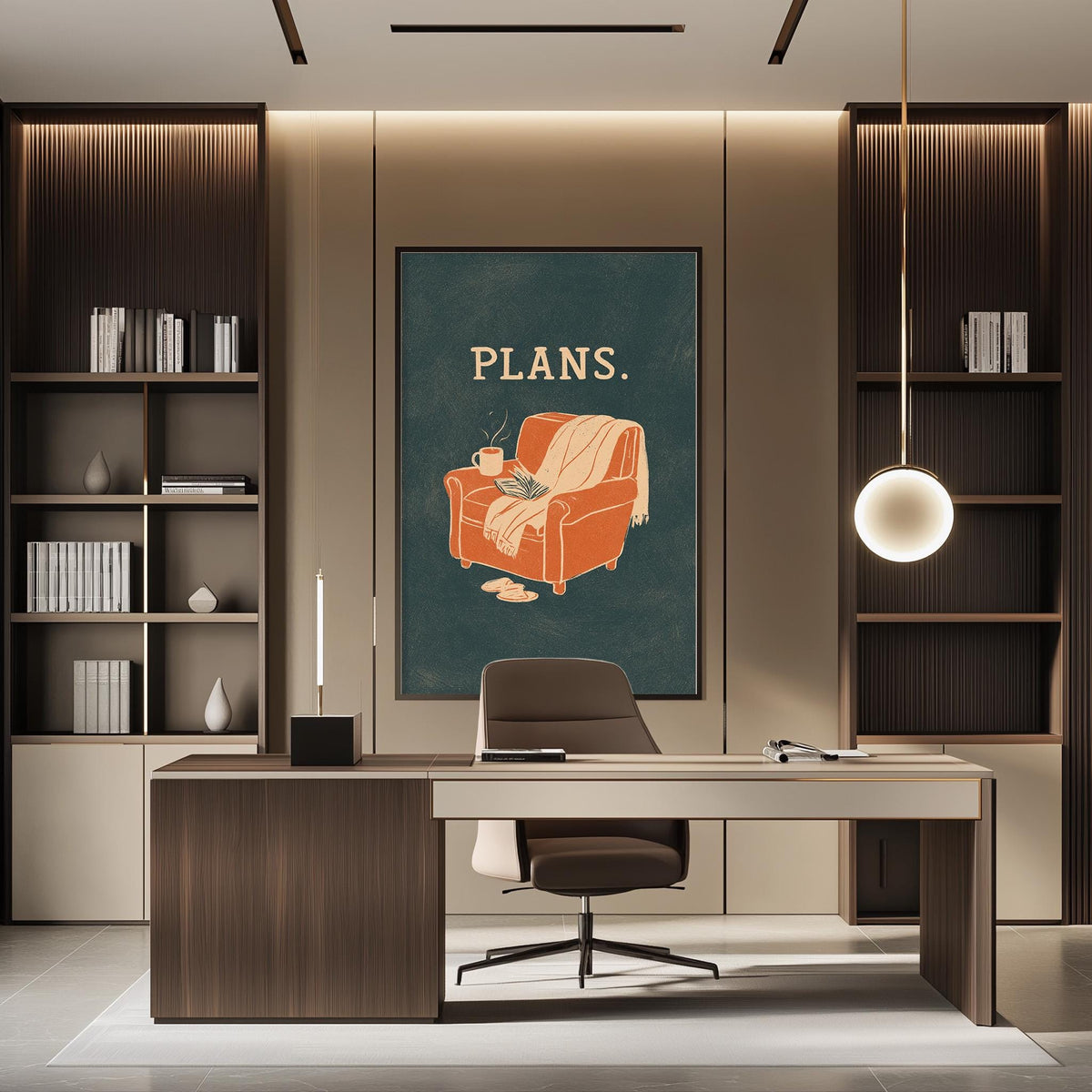a modern office space with a desk, chair, and bookshelves. A large poster on the wall displays the word "PLANS."