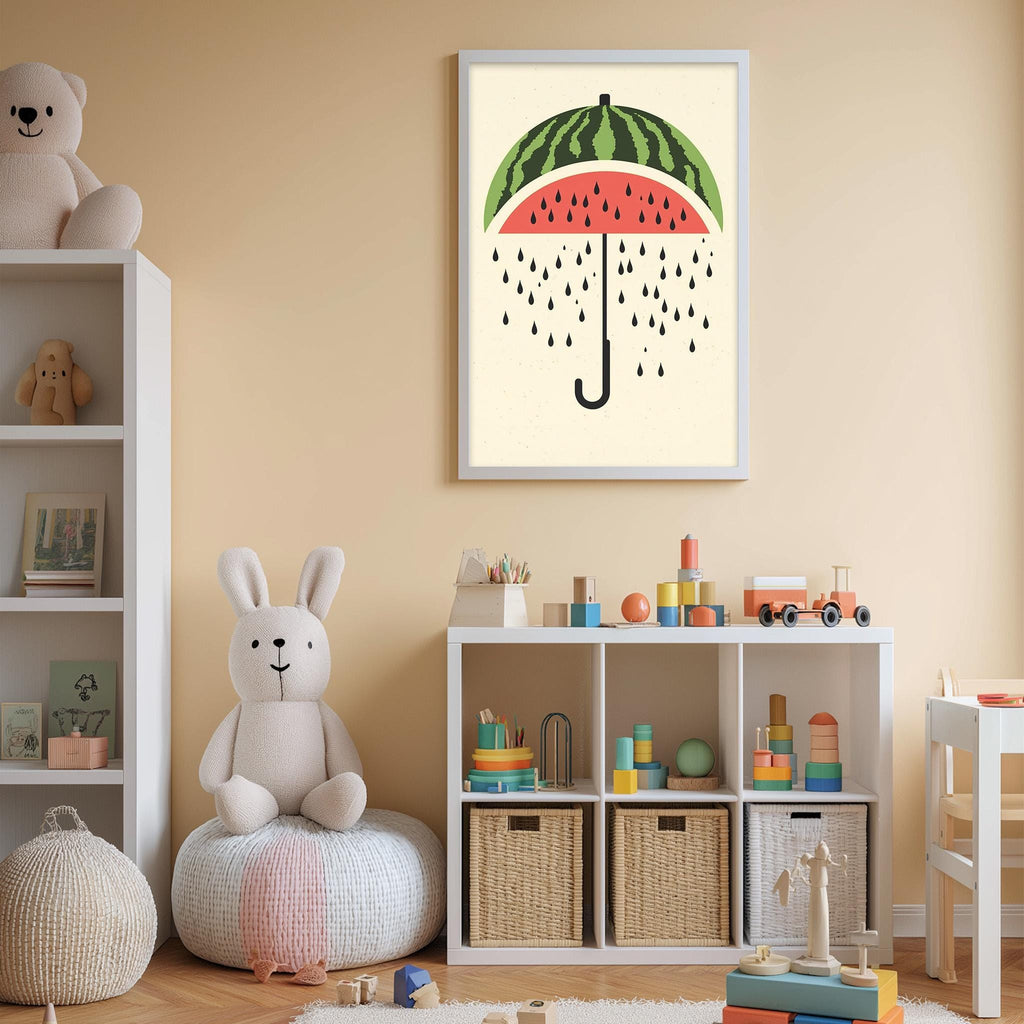 A cozy children's room with a white bookshelf, a plush rabbit, and a colorful toy box filled with toys. A framed print of a watermelon umbrella with raindrops hangs on the wall, adding a playful touch to the space.