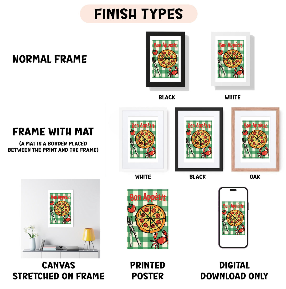 various framed artworks, including a pizza-themed poster, a framed print, and a digital poster. The artworks are displayed in different frame types, such as a normal frame, a frame with a mat, a white frame, a black frame, and an oak frame. The artworks are also described as being printed on canvas, stretched on a frame, and digital download only.