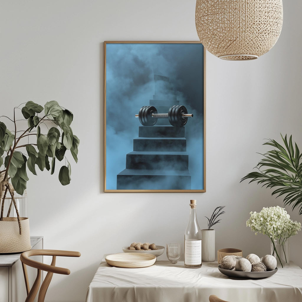 a dining table with a bowl of fruit, a bottle, and a vase of flowers, along with a potted plant and a hanging light fixture. Above the table, there is a framed picture of a weight on a staircase, creating an interesting visual contrast between the everyday objects and the abstract concept of a weight on a staircase.