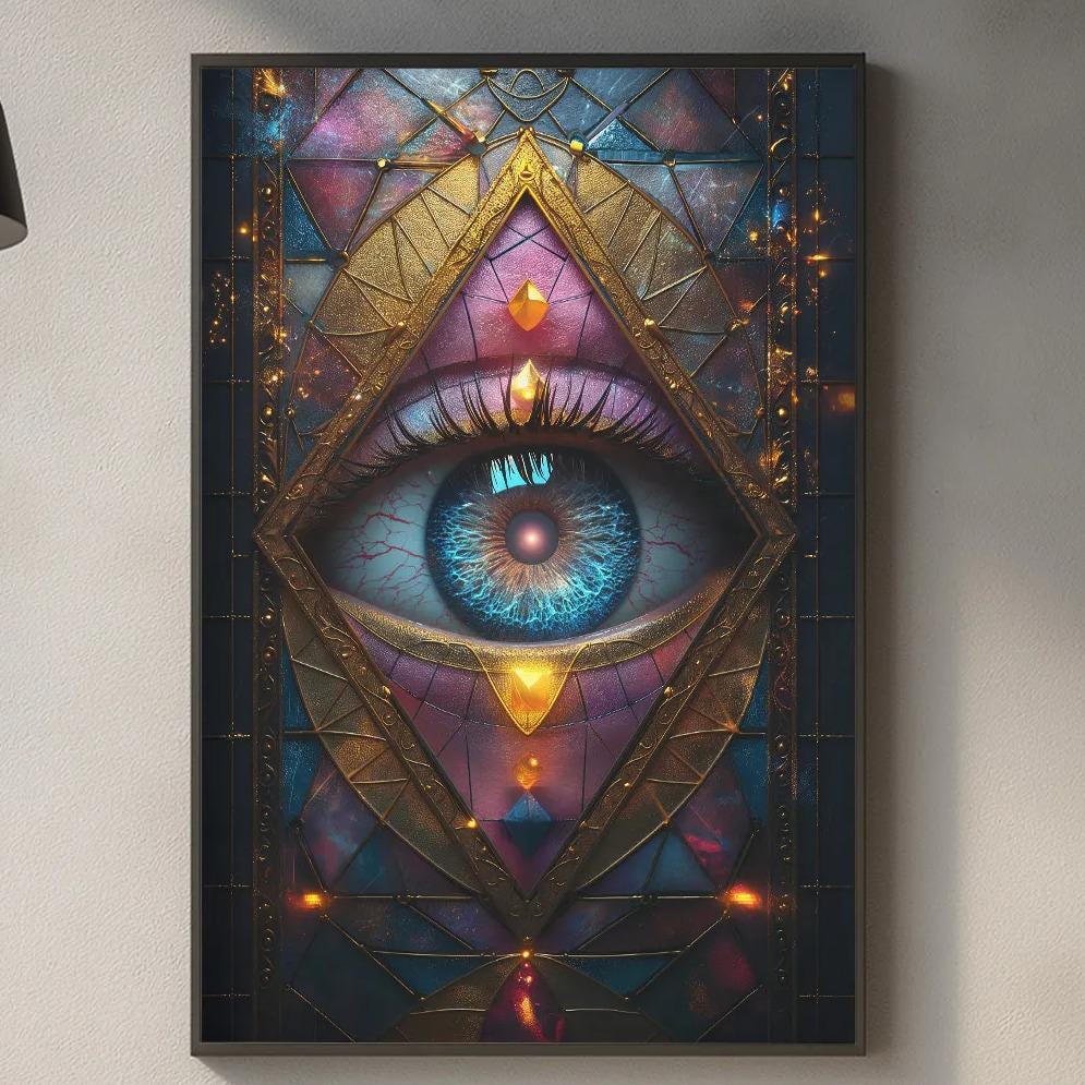 a large, colorful painting of an eye on the wall of a modern kitchen.