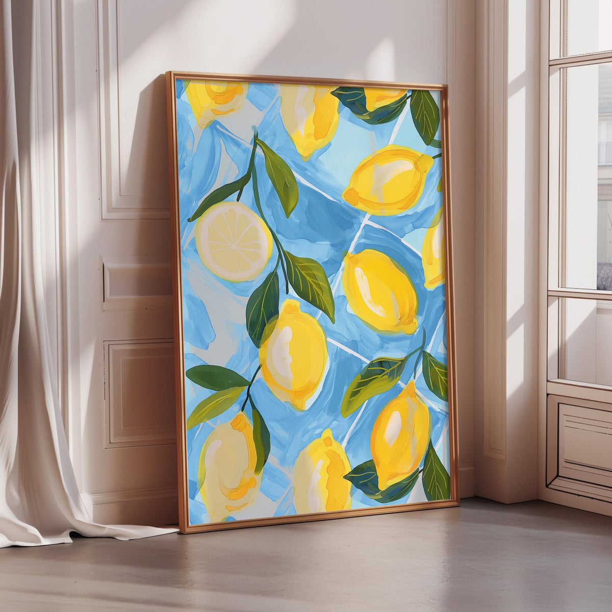 A framed painting depicting a vibrant and colorful arrangement of lemons and leaves, with a bright blue background and yellow accents.