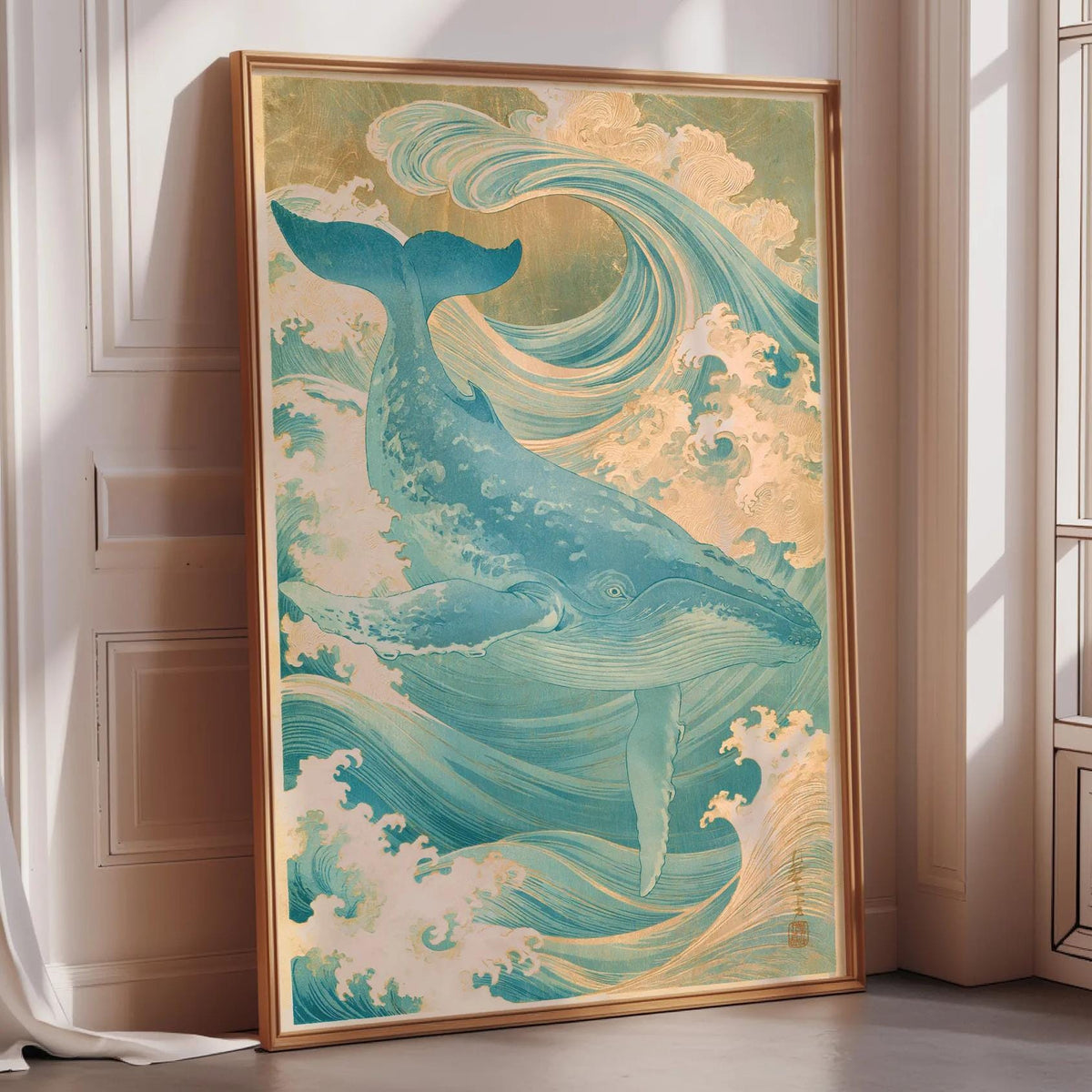 a large framed painting of a blue whale in a serene ocean scene, with waves and clouds surrounding it.