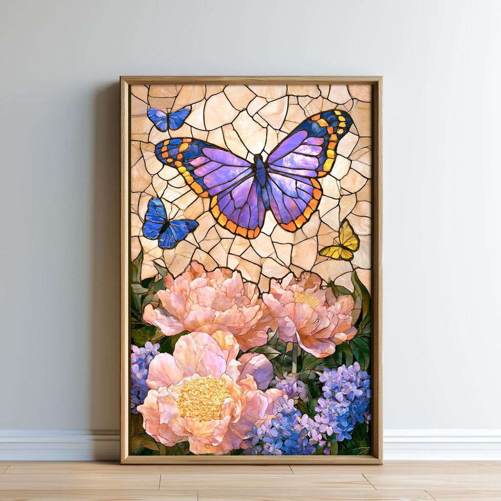 A framed stained glass artwork depicting a vibrant butterfly surrounded by pink peonies and blue butterflies against a mosaic background.