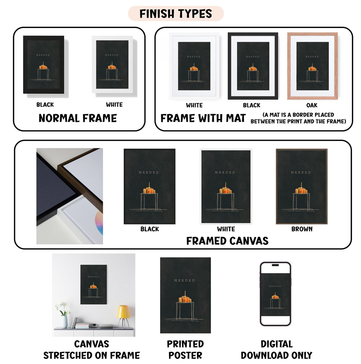 various types of artwork, including framed prints, canvas prints, and digital prints, each with different finishes and frame styles.