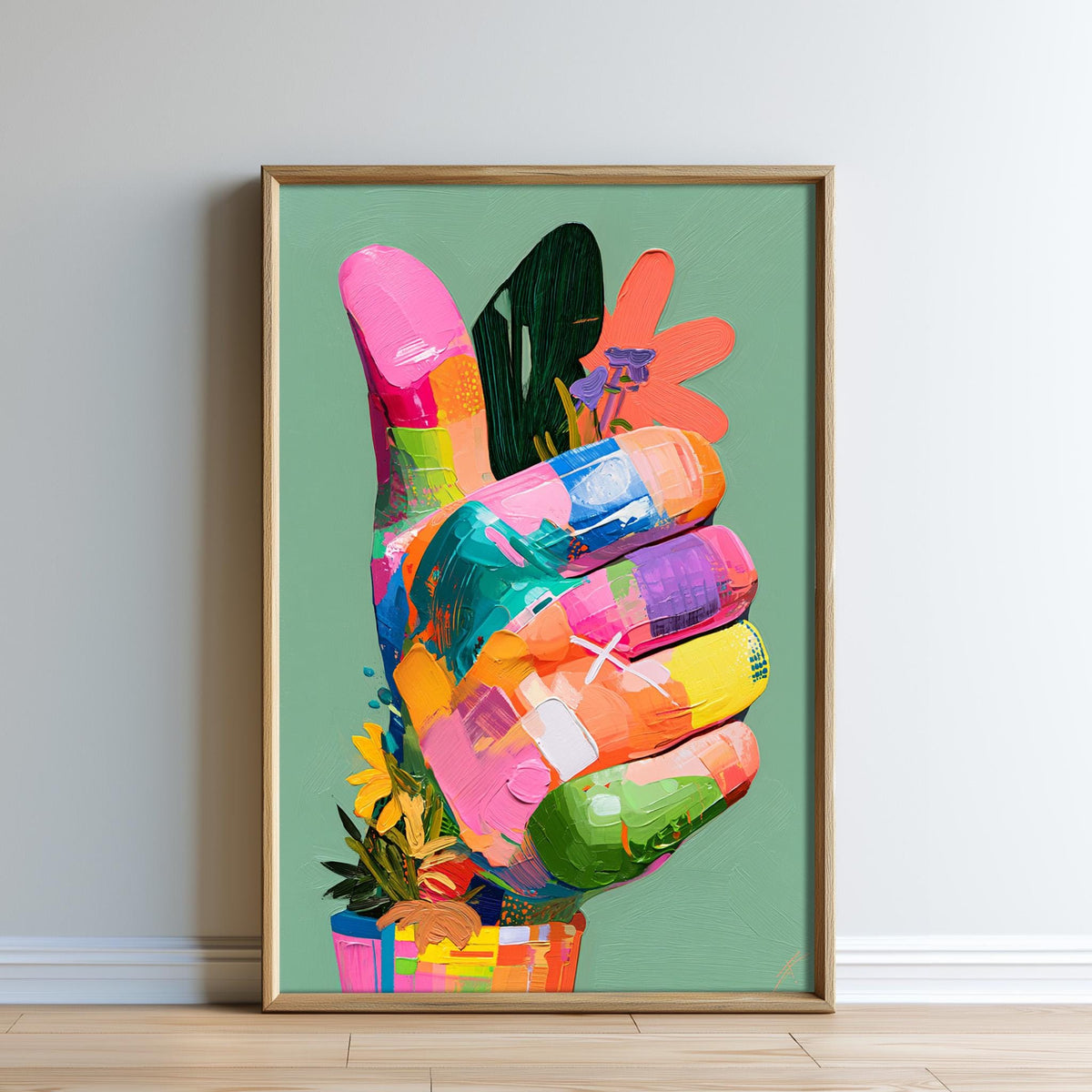 The image is a vibrant and colorful painting of a hand, with the fingers spread out in a peace sign. The background is a green color, and the hand is adorned with various flowers and plants, creating a lively and cheerful composition.