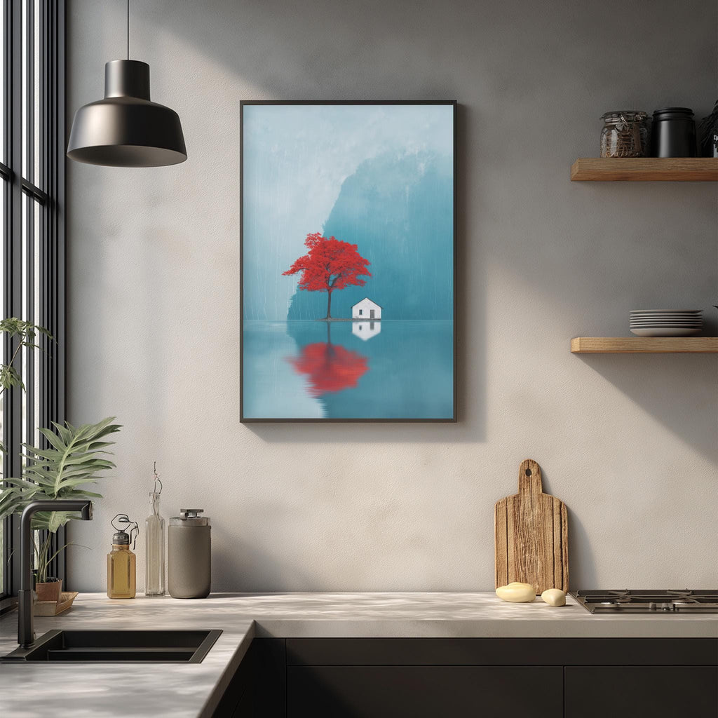 a kitchen counter with a framed painting of a red tree reflected in a body of water, a wooden cutting board, and various kitchen items such as a bottle, a canister, and a bowl.