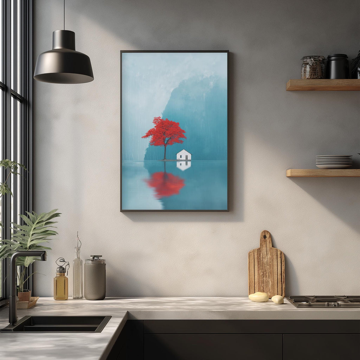 a kitchen counter with a framed painting of a red tree reflected in a body of water, a wooden cutting board, and various kitchen items such as a bottle, a canister, and a bowl.