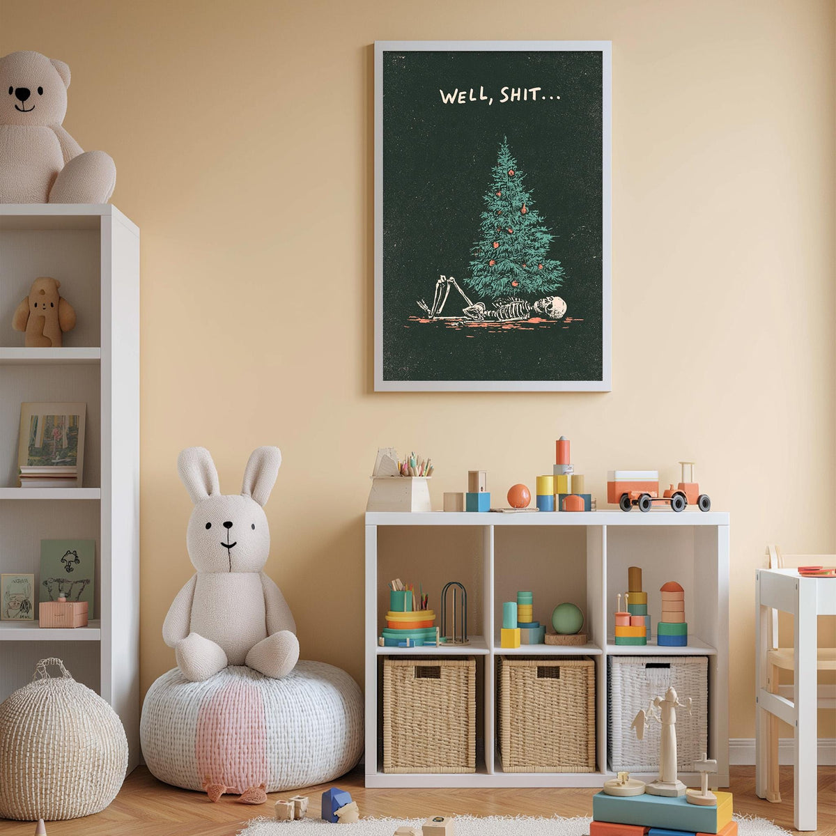 A child's bedroom with a white bookshelf, a stuffed rabbit, a toy train, and a framed poster with a skeleton and the text "WELL, SHIT..."