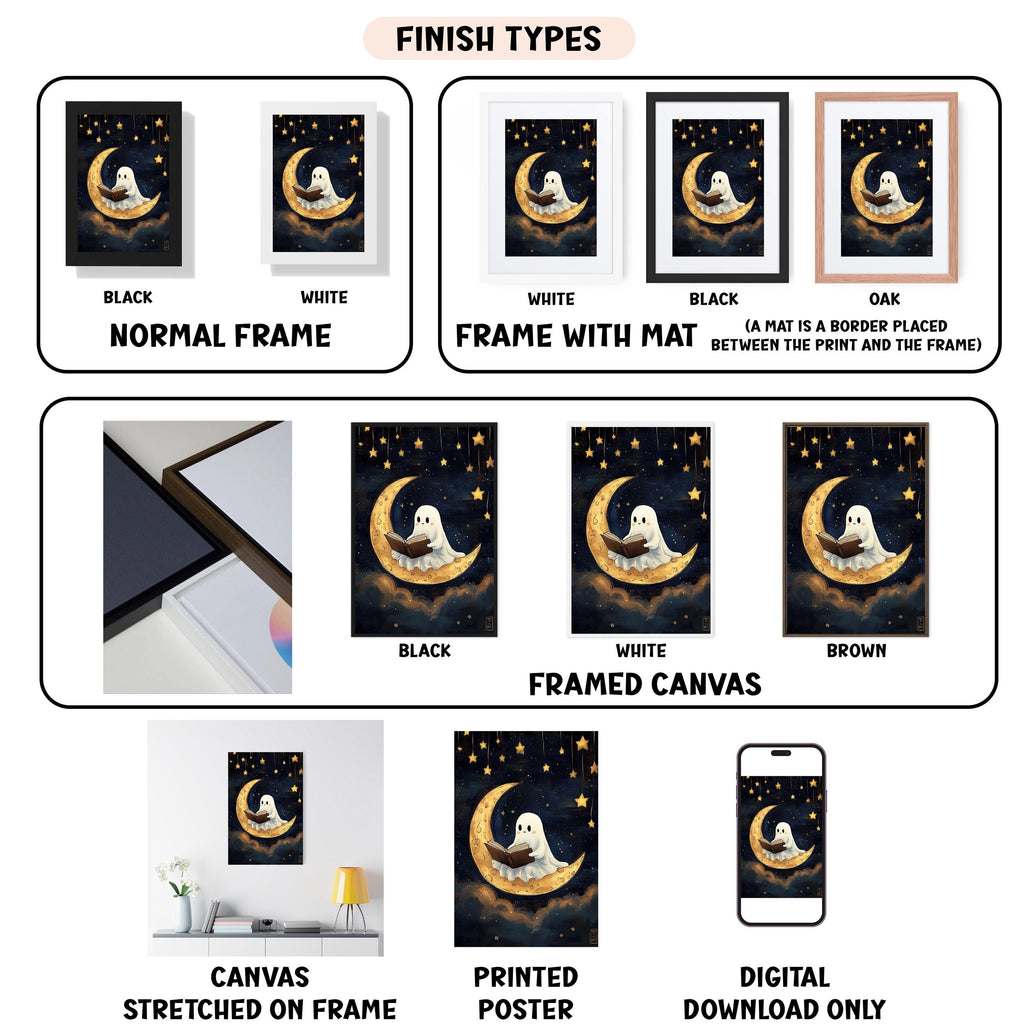 various finish types for a canvas print featuring a crescent moon and stars, including a normal frame, a frame with a mat, a black frame, a white frame, a black frame, a white framed canvas, a framed canvas, a stretched canvas, a printed poster, and a digital download only.