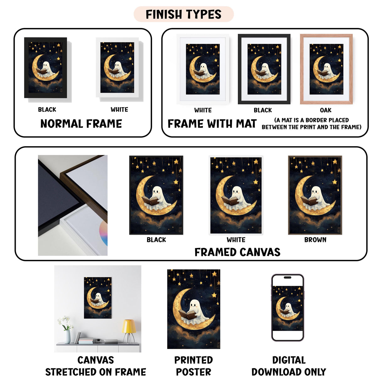 various finish types for a canvas print featuring a crescent moon and stars, including a normal frame, a frame with a mat, a black frame, a white frame, a black frame, a white framed canvas, a framed canvas, a stretched canvas, a printed poster, and a digital download only.