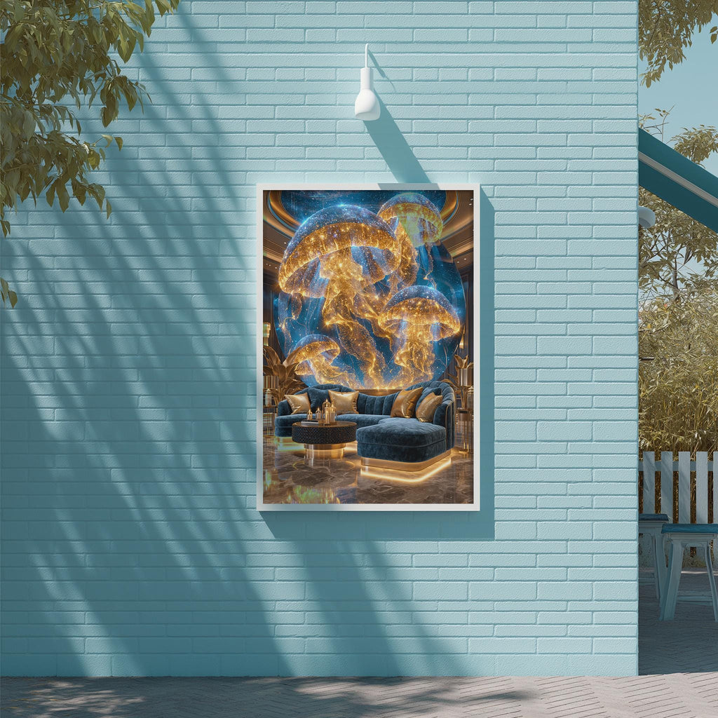 a large, vibrant painting of a mushroom-like creature with a golden glow, displayed on a blue wall.