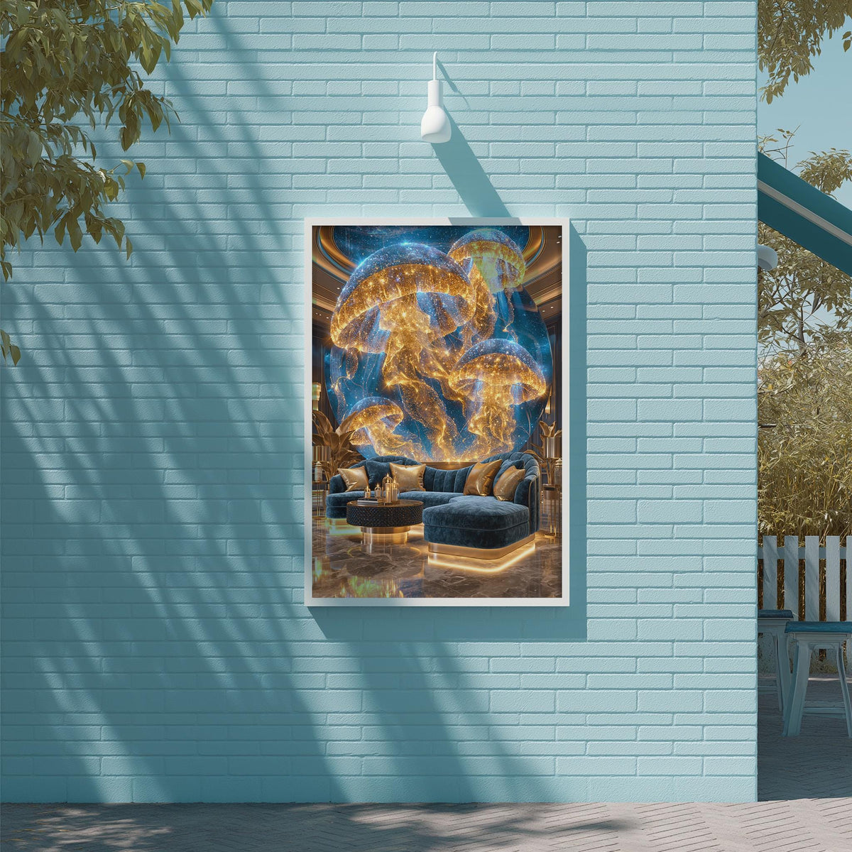 a large, vibrant painting of a mushroom-like creature with a golden glow, displayed on a blue wall.