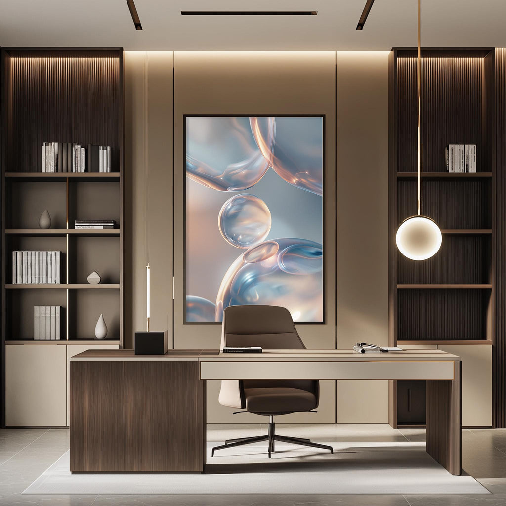 a modern and stylish office space with a large abstract painting featuring bubbles as the focal point. The office features a wooden desk, a comfortable chair, and a bookshelf filled with books and decorative items. The overall design and layout of the space create a visually appealing and functional workspace.