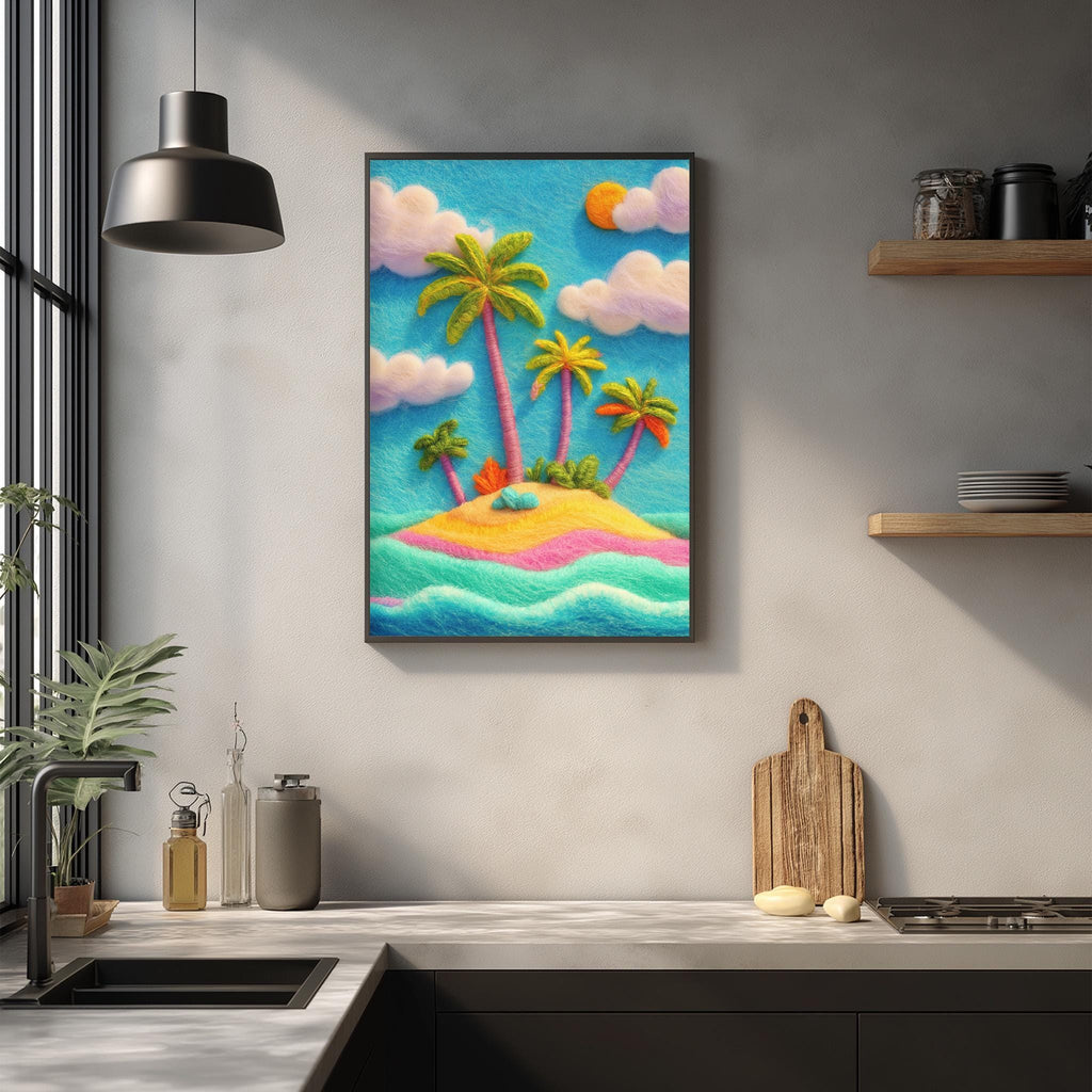 a vibrant, colorful painting of a tropical island scene, hanging on a wall above a kitchen counter.