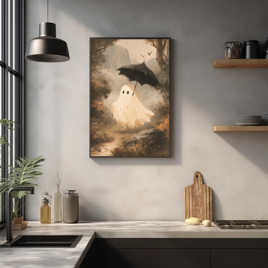 a kitchen counter with various items, including a framed painting of a ghost, a hanging lamp, and a wooden cutting board.