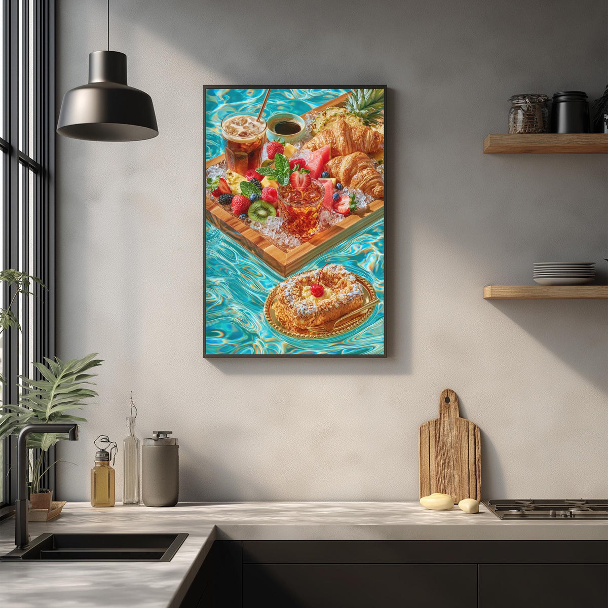a kitchen counter with various food items and kitchen accessories, including a framed picture of a fruit platter, a wooden cutting board, and a potted plant.