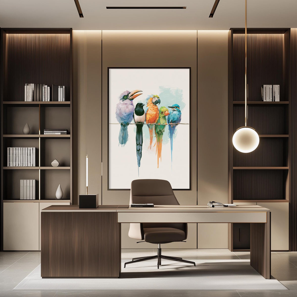 a modern and stylish office space with a large framed painting of colorful birds on the wall. The office features a wooden desk, a comfortable chair, and a bookshelf filled with books. The overall design and decor create a visually appealing and functional workspace.