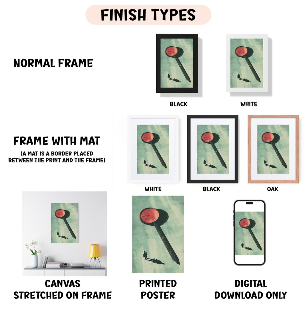 various types of artwork, including a canvas stretched on a frame, a framed poster, and a digital poster. The artwork is presented in different frame colors and styles, such as a normal frame, a black frame, a white frame, and an oak frame. The artwork is also described as a frame with a mat, a white frame, a black frame, and a digital download only. The image is a collage of multiple images, and the text provides information about the artwork, including its frame and the type of presentation.