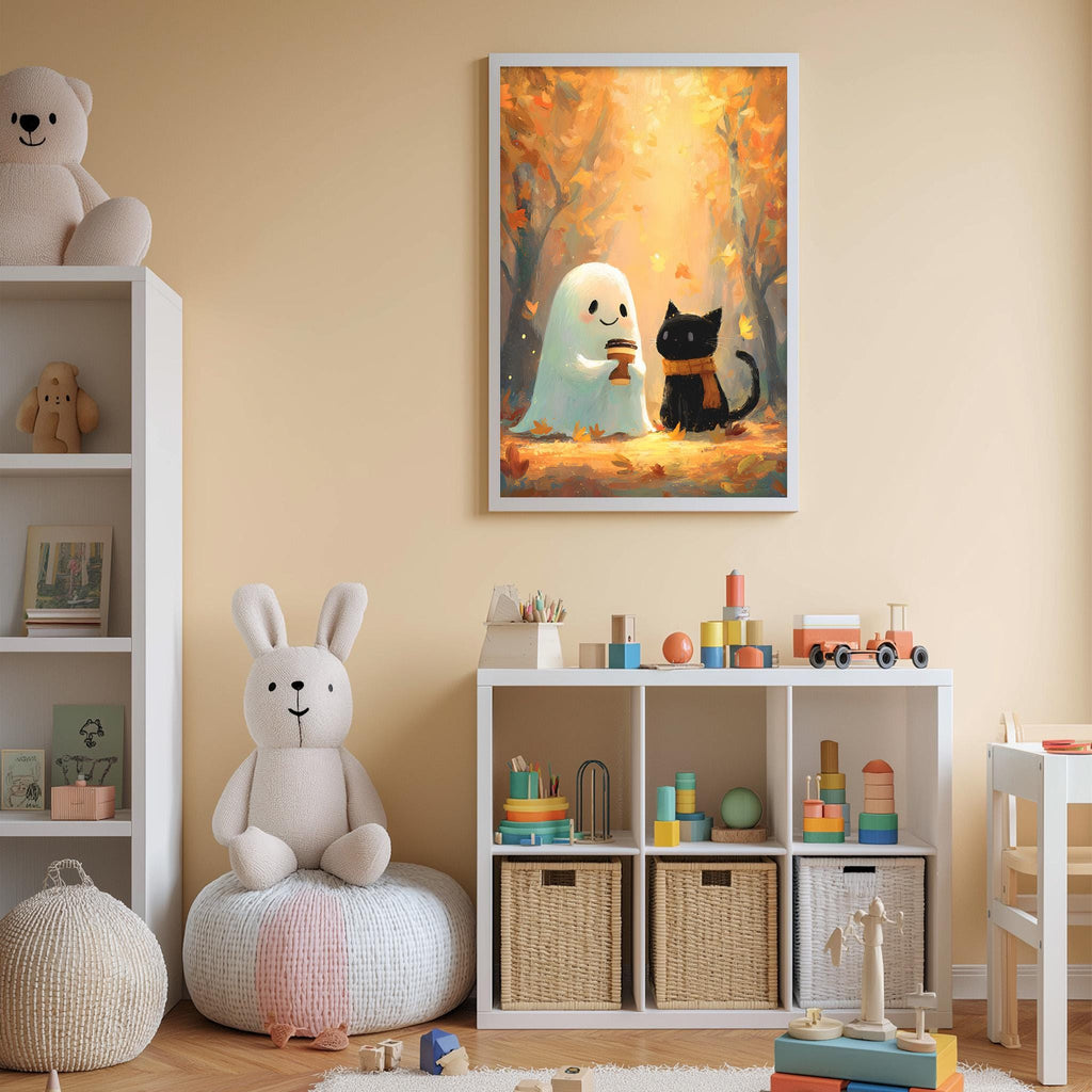 a cozy and colorful children's bedroom with a white bookshelf, a plush bunny, a framed illustration of a ghost and a cat, and a toy train set.