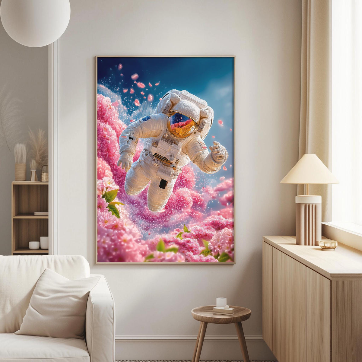 a large, colorful painting of an astronaut floating in a field of pink flowers, with a blue sky and clouds in the background.