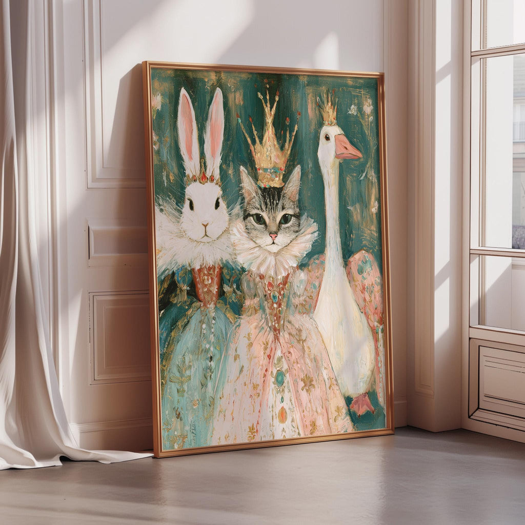 A framed painting depicting a whimsical scene with a rabbit, a cat, and a goose dressed in elaborate costumes, all wearing crowns.