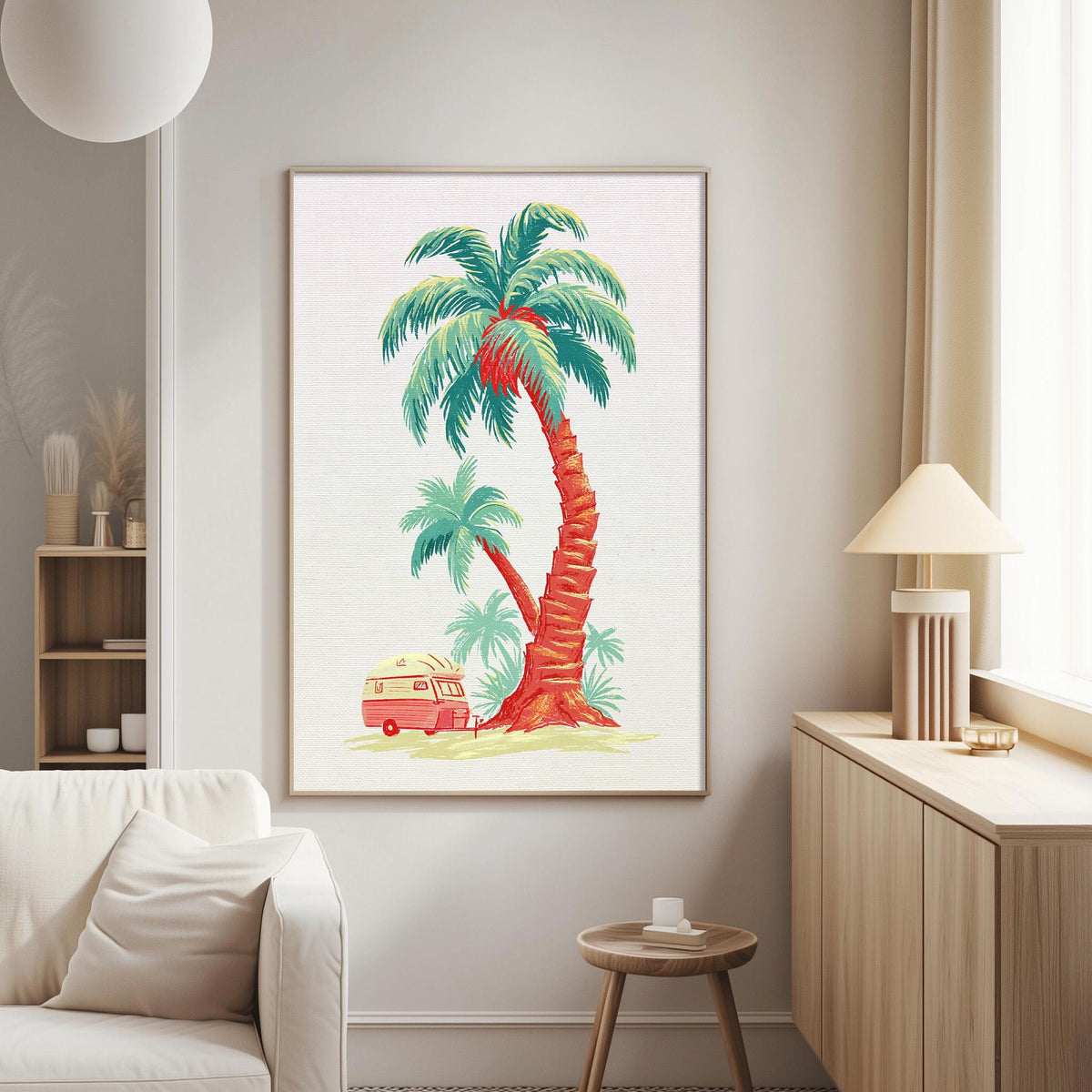 a living room with a large framed picture of a palm tree and a red van on the wall.